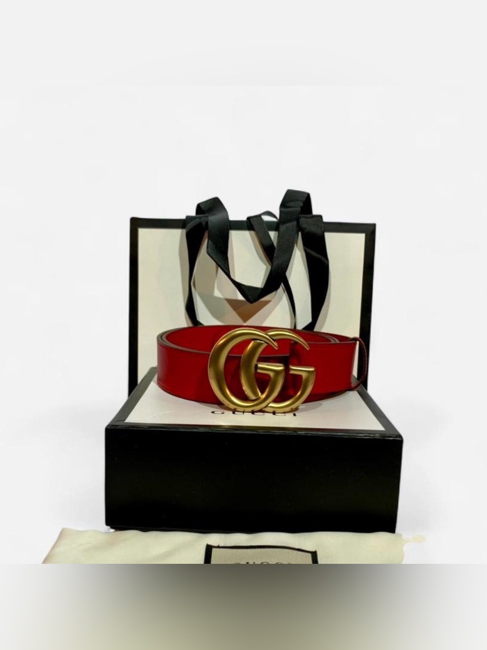 Gucci Red Leather Belt With Gold Tone Gg Buckle Men’s us 36 - 100cm